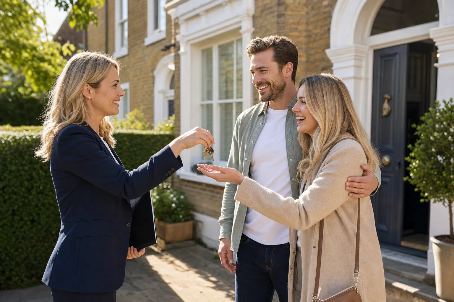 Estate agent handing keys to a happy couple outside a UK property