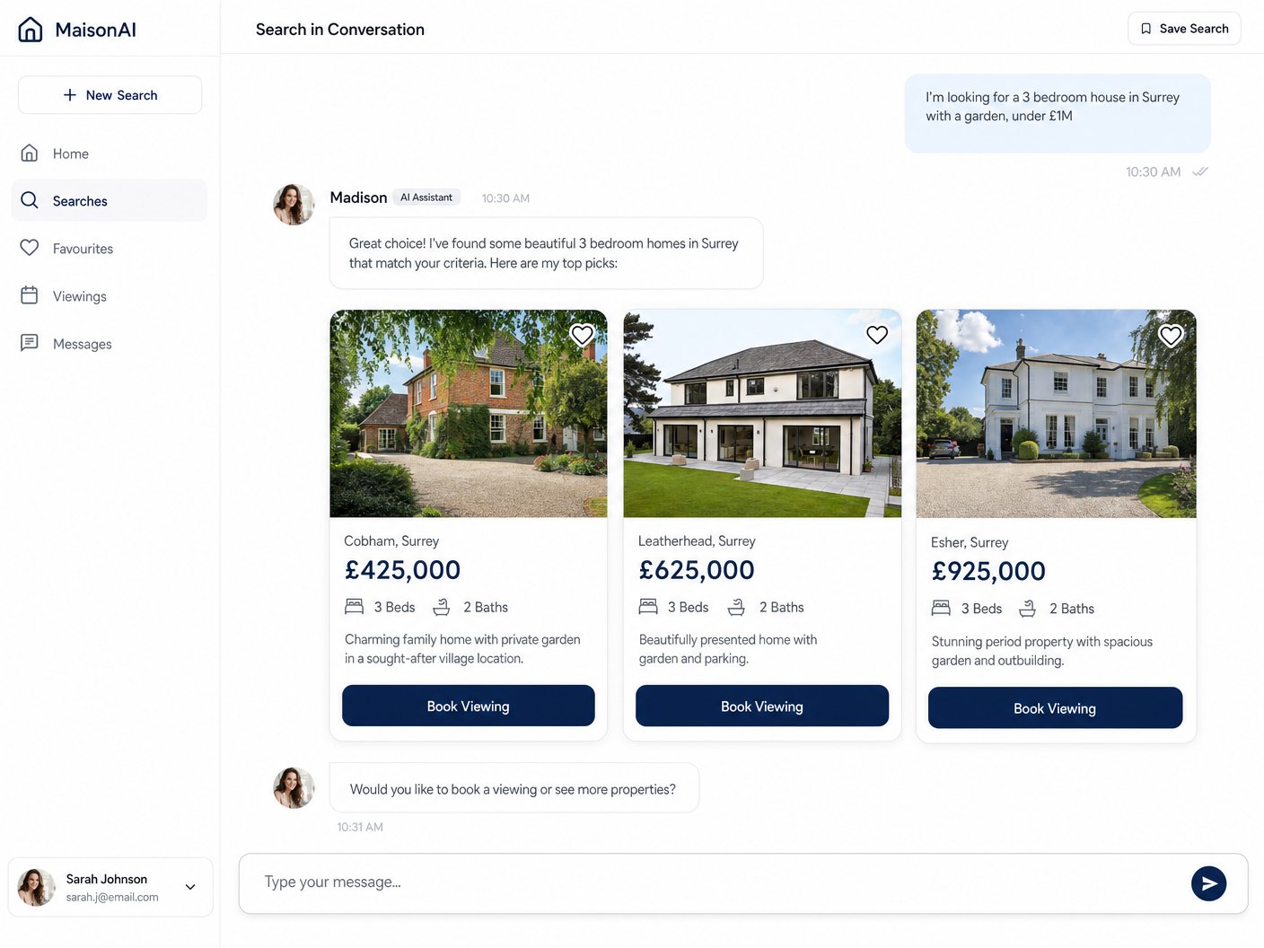 Property listings appearing inside Prevou chat